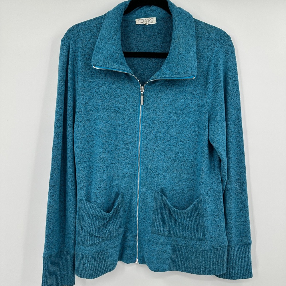 Escape Women Teal Heathered Zip Up Jacket Cardigan‎ Lounge Casual Size S